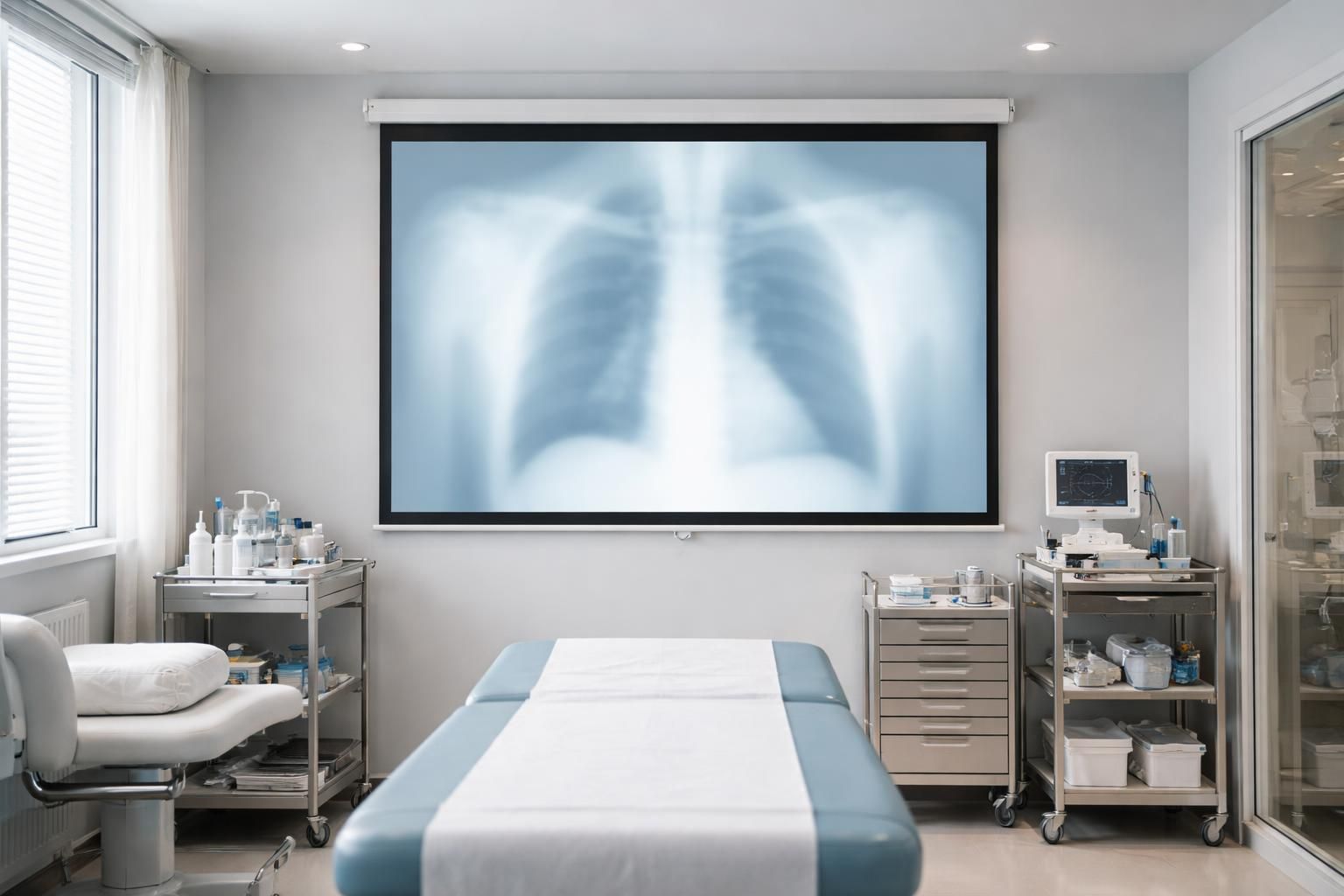 découvrez l'écran de projection médical idéal pour un usage propre et sécurisé dans une salle de soins, garantissant hygiène et qualité d'affichage pour un environnement médical optimal.