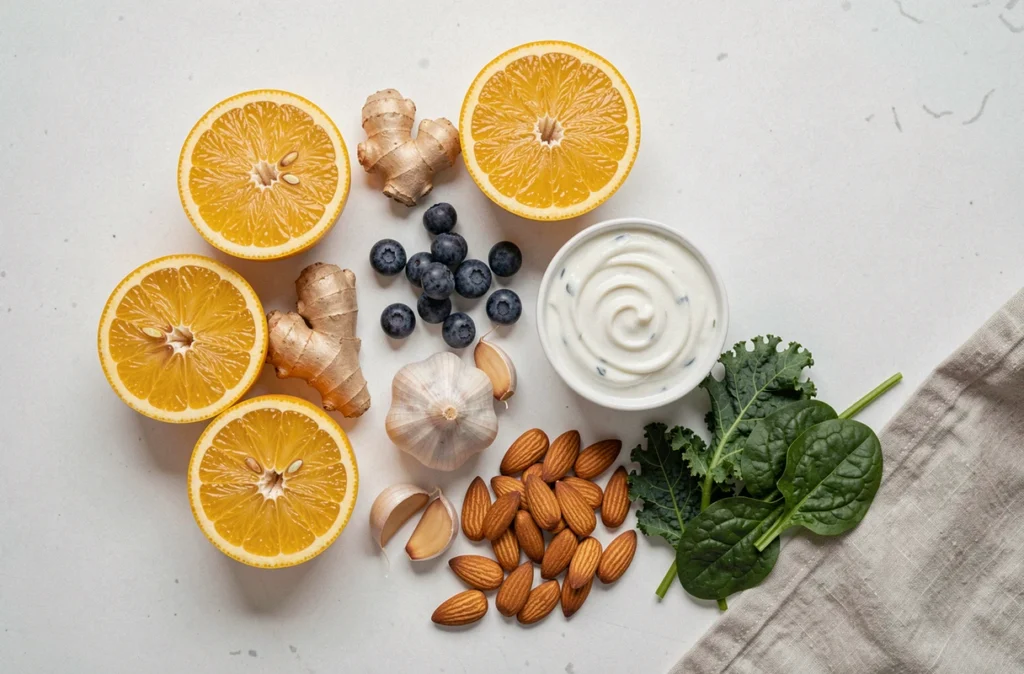 Aliments riches en nutriments pour soutenir le système immunitaire pendant la grossesse, disposés en flat lay