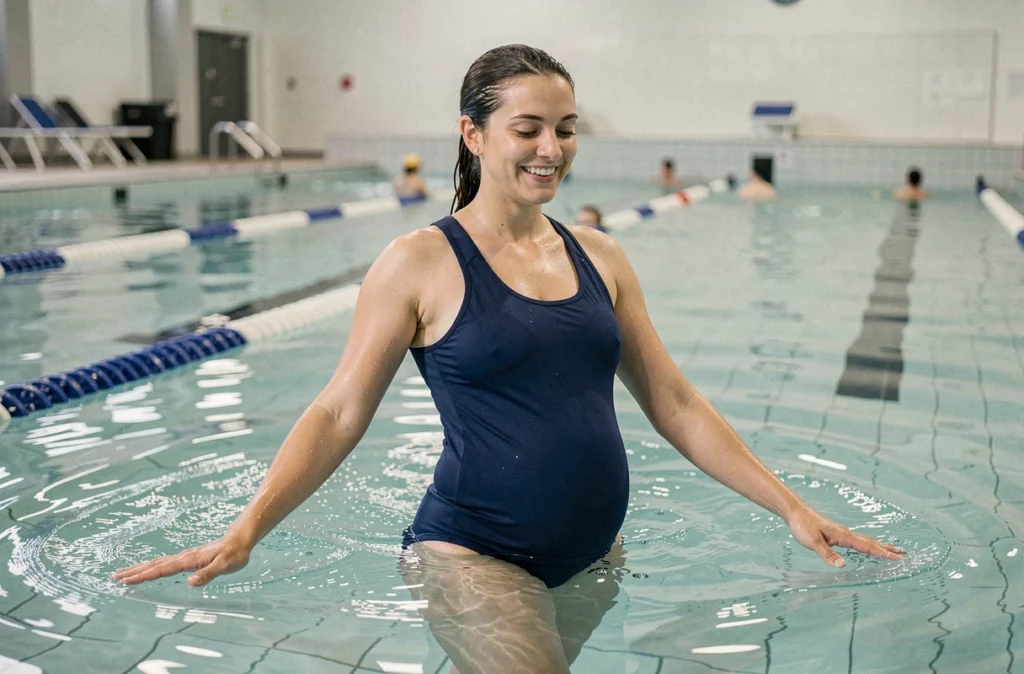 Femme enceinte faisant de l'aquagym dans une piscine intérieure, marchant dans l'eau avec un sourire naturel