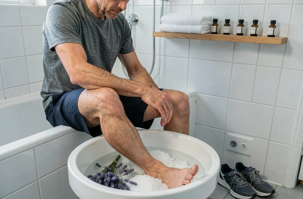 Homme soulageant une épine calcanéenne en trempant son pied dans un bain de sel de mer et lavande, remède naturel maison après le sport