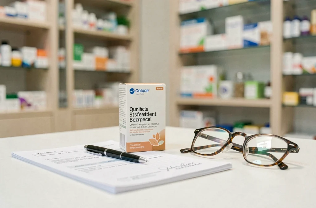 Boîte de complément alimentaire Indiva System posée sur un bureau de consultation en pharmacie avec carnet et lunettes