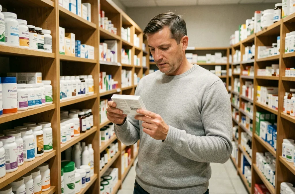 Client masculin lisant l'étiquette d'un complément alimentaire Indiva System dans le rayon santé d'une pharmacie française