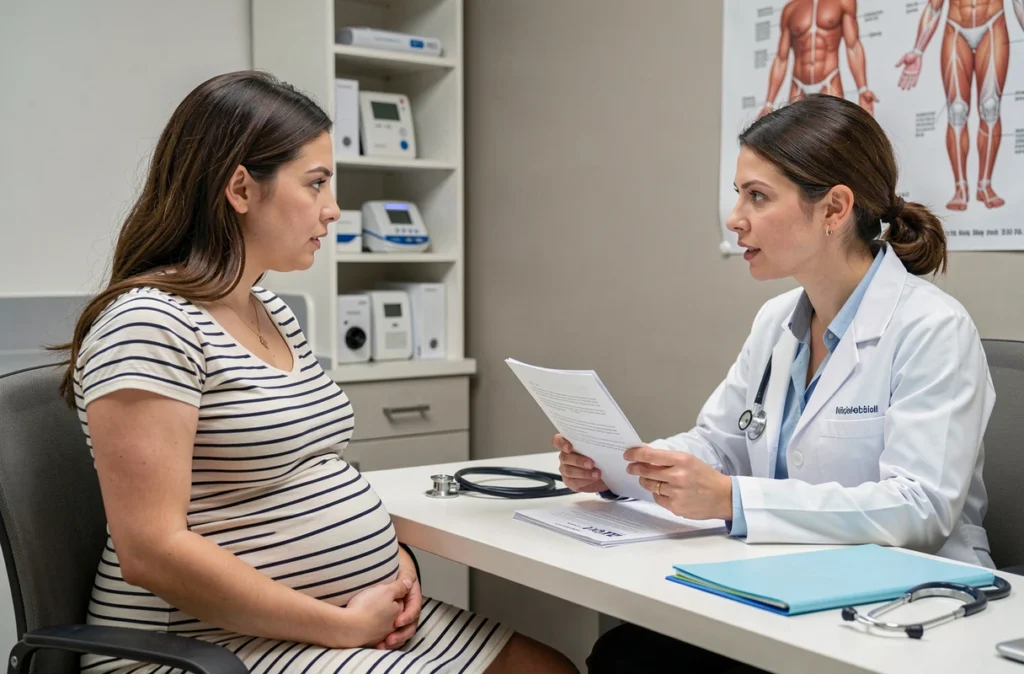 Femme enceinte en consultation médicale avec son médecin pour obtenir des recommandations avant un voyage en avion