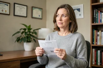 Femme tenant une ordonnance médicale dans un cabinet de médecin, illustrant une consultation pour antidépresseur Brintellix