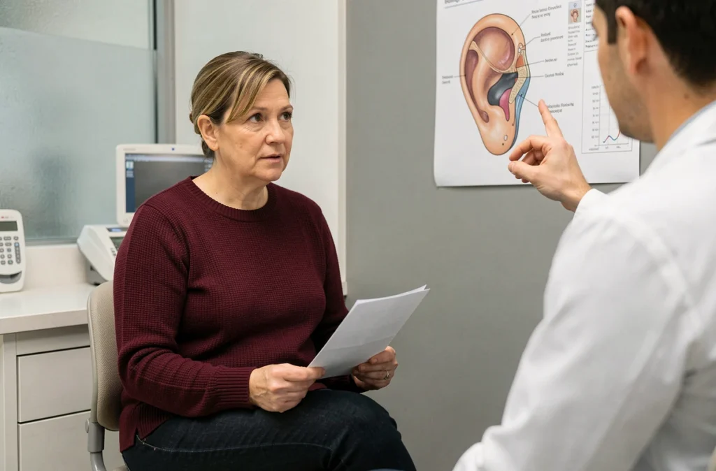 Patiente en consultation ORL écoutant son médecin avec espoir, illustrant le parcours de soin et de diagnostic de la maladie de Ménière