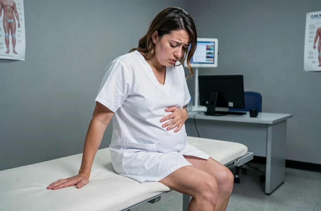 Femme enceinte anxieuse lors d'une consultation médicale, évoquant l'impact du stress prénatal sur la santé du fœtus