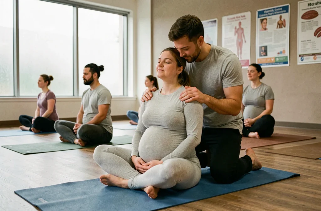 Couple participant ensemble à un cours de préparation à l'accouchement, le partenaire soutenant la femme enceinte lors d'un exercice de respiration