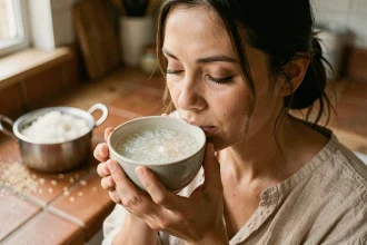 Femme buvant de l'eau de riz dans un bol en céramique dans une cuisine naturelle