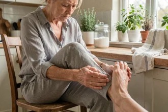 Femme âgée massant son talon douloureux avec un remède naturel de grand-mère contre l'épine calcanéenne