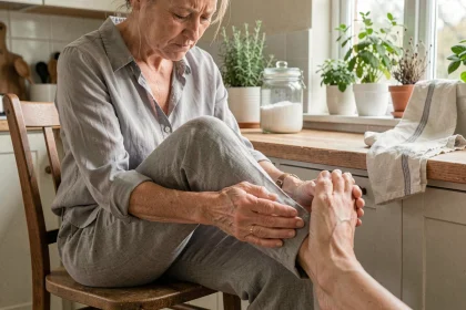Femme âgée massant son talon douloureux avec un remède naturel de grand-mère contre l'épine calcanéenne