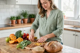 Femme enceinte préparant une assiette d'aliments sains pour renforcer son immunité pendant la grossesse