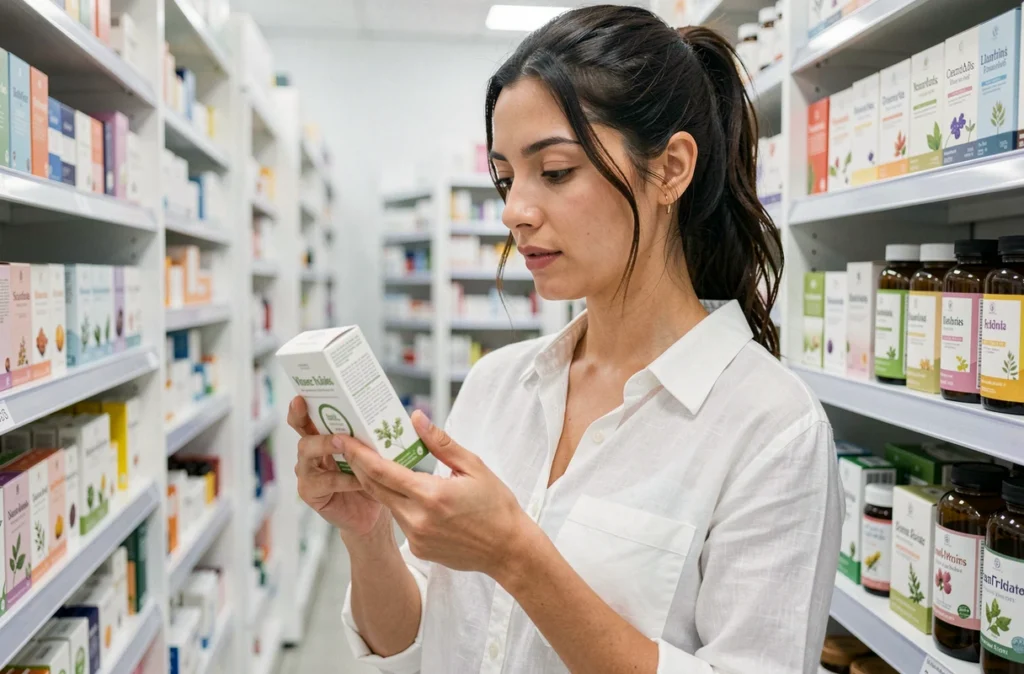 Femme en pharmacie examinant une boîte de thé detox Lulutox devant un rayon de produits bien-être