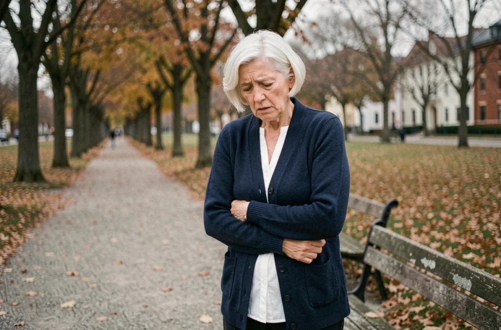 Femme senior de 68 ans s'arrêtant dans un parc en raison d'une douleur au bras gauche accompagnée de fatigue
