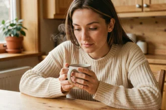 Femme tenant une tasse de thé detox Lulutox dans une cuisine chaleureuse en bois