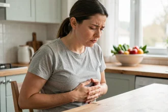 Femme tenant son ventre gonflé à la cuisine, illustrant les symptômes de ballonnements et de gaz digestifs