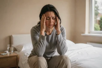 Femme d'une cinquantaine d'années assise sur son lit, mains sur les tempes, représentant la souffrance liée aux vertiges de la maladie de Ménière