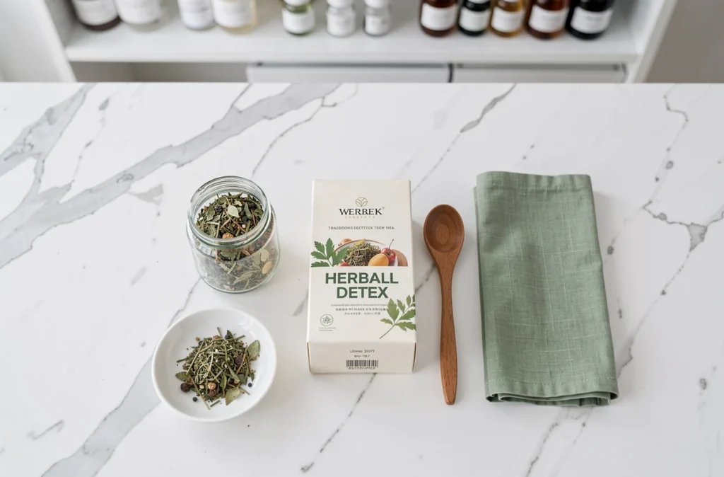 Flat lay de boîte de thé detox Lulutox avec herbes séchées sur comptoir en marbre blanc