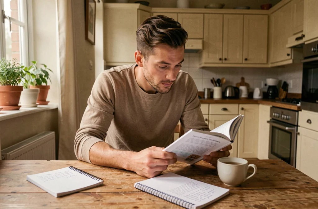 Futur père concentré lisant un guide de grossesse à la table de la cuisine, se préparant activement à accompagner sa partenaire