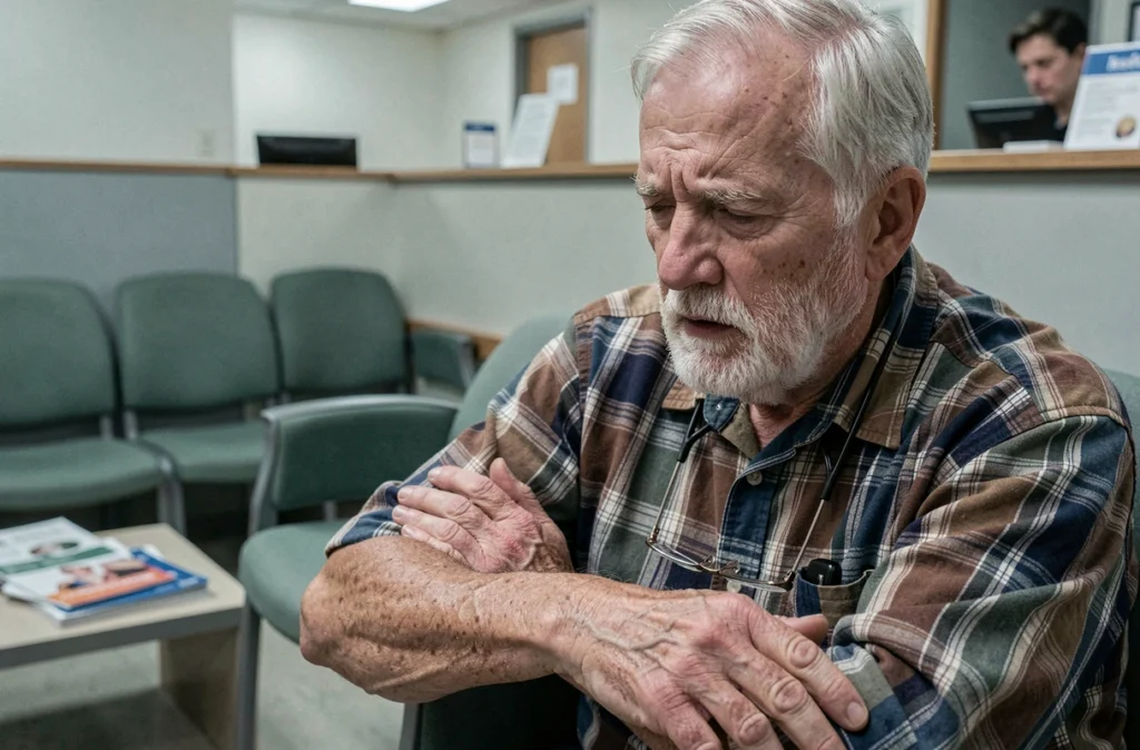Homme âgé de 70 ans en salle d'attente médicale souffrant d'une douleur persistante au bras gauche