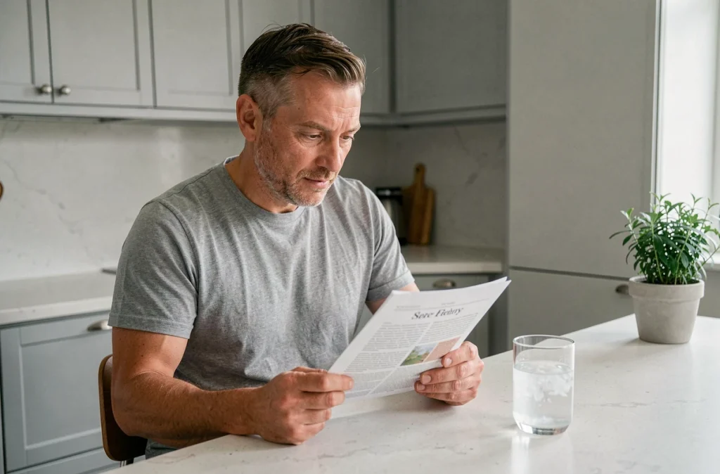 Homme lisant un article sur les bienfaits de l'eau de riz dans une cuisine moderne