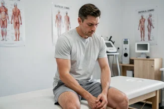 Homme assis sur une table de kinésithérapie dans une clinique moderne, exprimant un sentiment de soulagement et d'espoir dans le cadre d'une guérison de névralgie pudendale
