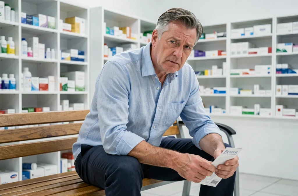 Homme en attente dans une pharmacie tenant une brochure sur les troubles digestifs et les gaz intestinaux