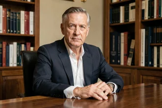 Portrait d'un homme politique et intellectuel français en costume sombre, assis à un bureau dans un cadre institutionnel, regard posé et expressif