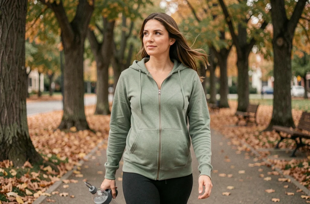 Femme enceinte se promenant dans un parc en automne, tenant une bouteille d'eau, vêtue d'un hoodie vert et d'un jogging de maternité
