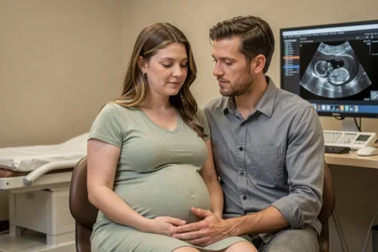Couple de futurs parents lors d'une consultation prénatale, le partenaire tenant la main de la femme enceinte devant l'écran d'échographie
