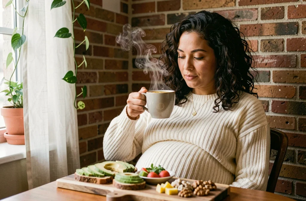 Femme enceinte savourant un petit-déjeuner nutritif avec tisane au gingembre et toast à l'avocat pour renforcer l'immunité