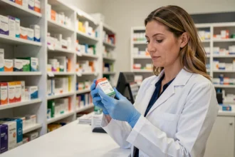 Pharmacienne en France consultant un produit de santé Indiva System derrière le comptoir d'une pharmacie moderne