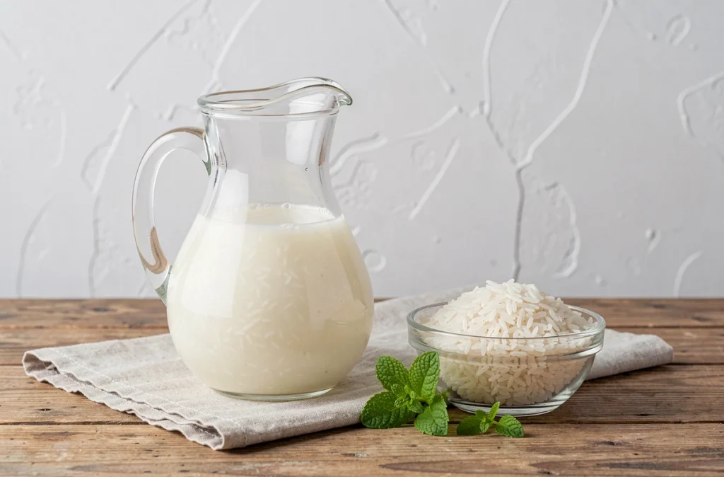 Pichet d'eau de riz translucide sur table en bois avec riz cru et menthe fraîche