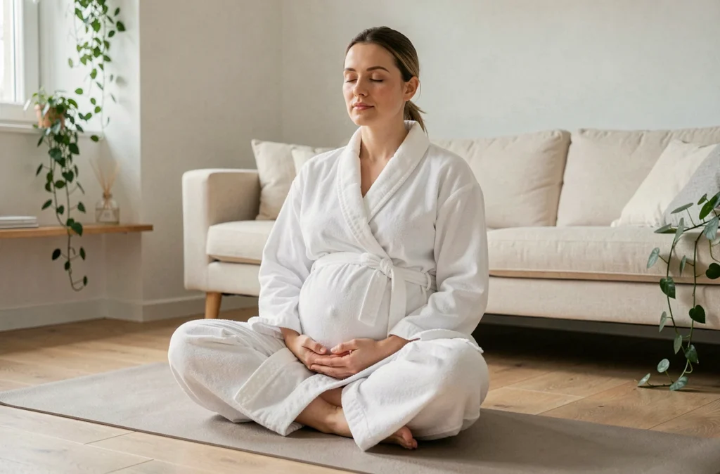 Femme enceinte pratiquant la relaxation sur un tapis de yoga pour améliorer la qualité du sommeil naturellement