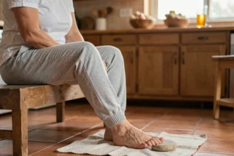 Femme pratiquant un remède de grand-mère pour soulager une épine calcanéenne avec un galet de massage sur une serviette de lin dans une cuisine
