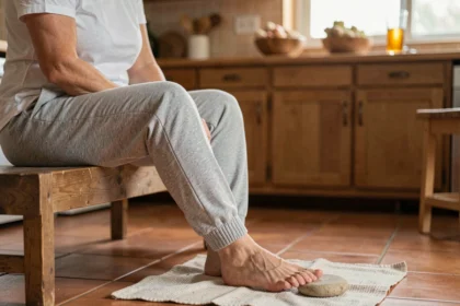 Femme pratiquant un remède de grand-mère pour soulager une épine calcanéenne avec un galet de massage sur une serviette de lin dans une cuisine