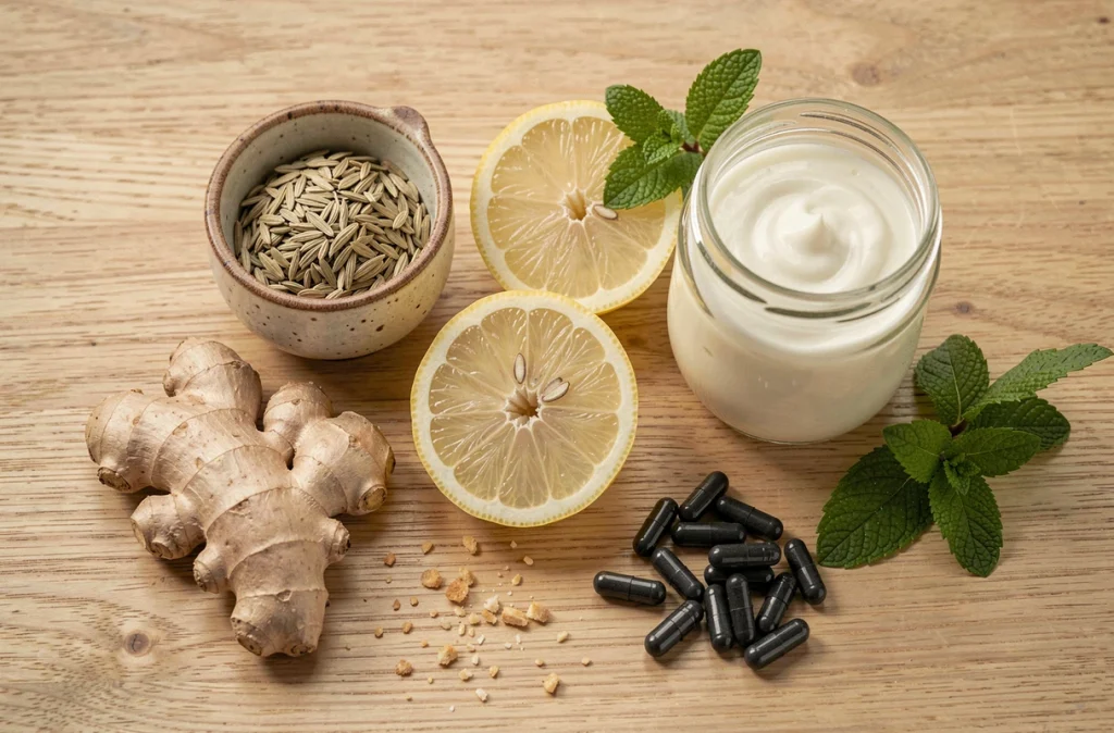 Flat lay de remèdes naturels contre les gaz et les ballonnements incluant gingembre, fenouil, citron et charbon actif