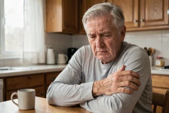 Senior de 65 ans ressentant une douleur au bras gauche assis dans sa cuisine, expression de gêne visible