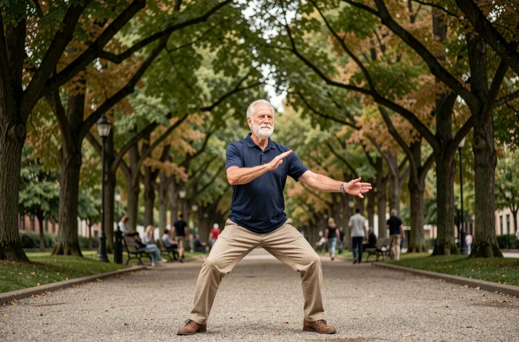 Homme âgé pratiquant le Tai Chi dans un parc urbain, exercice doux favorisant l'équilibre et la mobilité chez les seniors