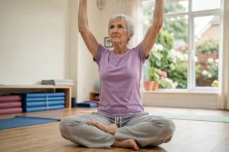 Femme senior pratiquant une pose d'équilibre de yoga dans un centre communautaire, activité physique douce pour les personnes âgées