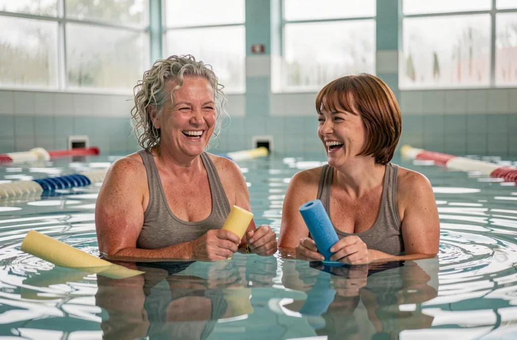 Deux femmes seniors participant à un cours d'aquagym en piscine intérieure, activité physique douce pour améliorer l'équilibre et la coordination