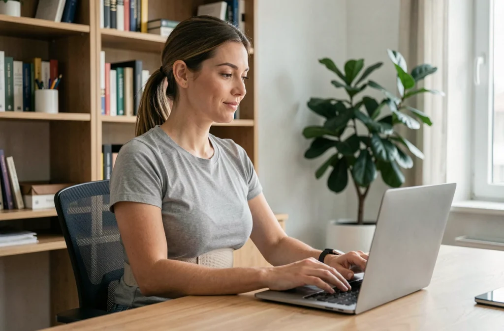 Femme assise au bureau portant un soutien-gorge Percko sous son t-shirt, illustrant le confort au quotidien au travail