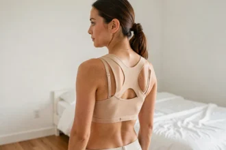 Femme portant un soutien-gorge Percko de dos dans une chambre minimaliste, mettant en valeur le maintien postural