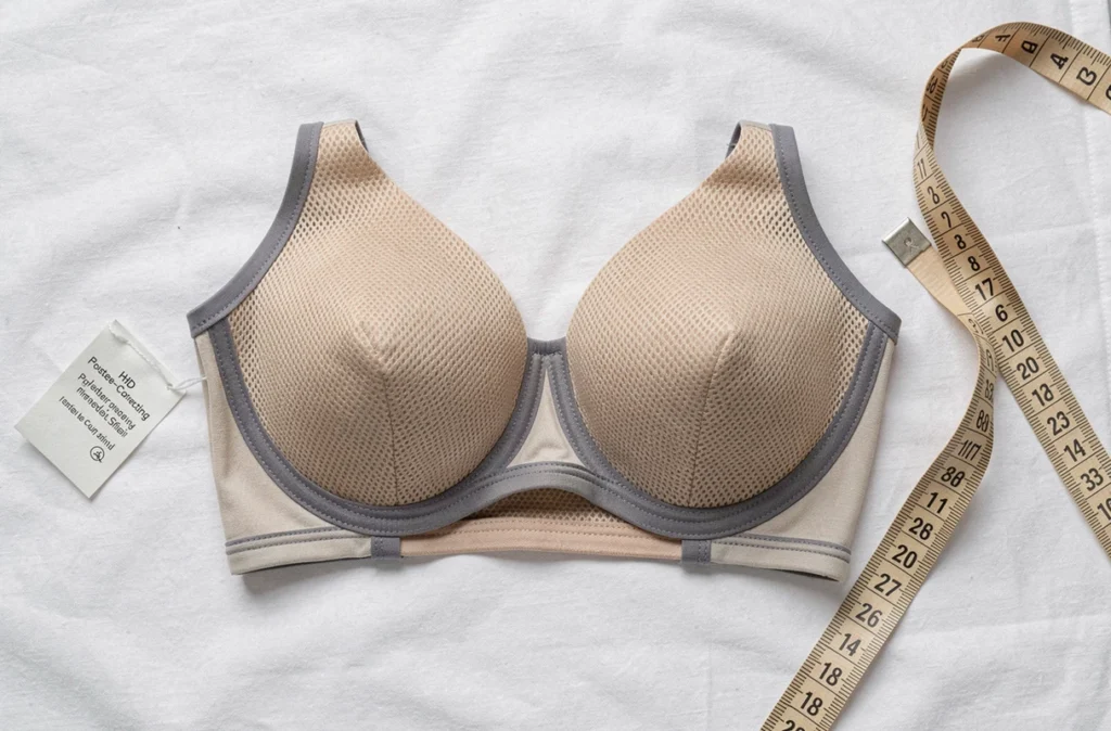 Vue rapprochée en flat lay d'un soutien-gorge Percko sur fond blanc, mettant en évidence les matières techniques et la construction