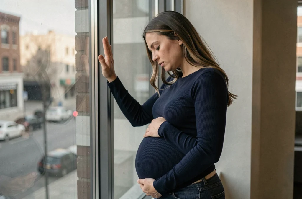 Femme enceinte épuisée appuyée contre une fenêtre, symbolisant le stress chronique et ses effets sur le développement fœtal