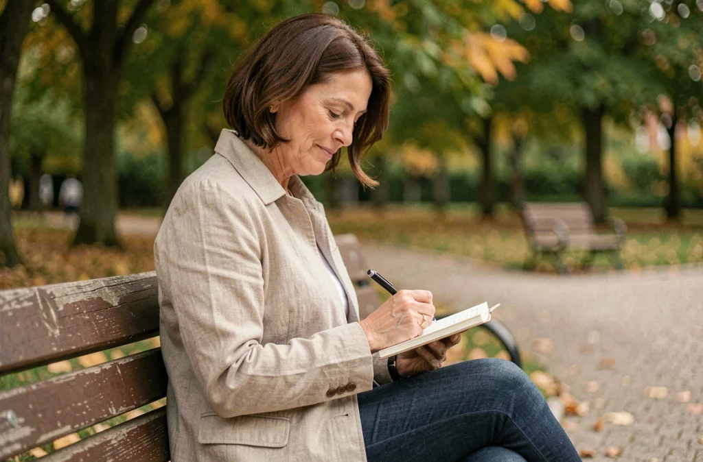 Femme écrivant dans un carnet en plein air, témoignage patient sur l'expérience avec un traitement antidépresseur Brintellix