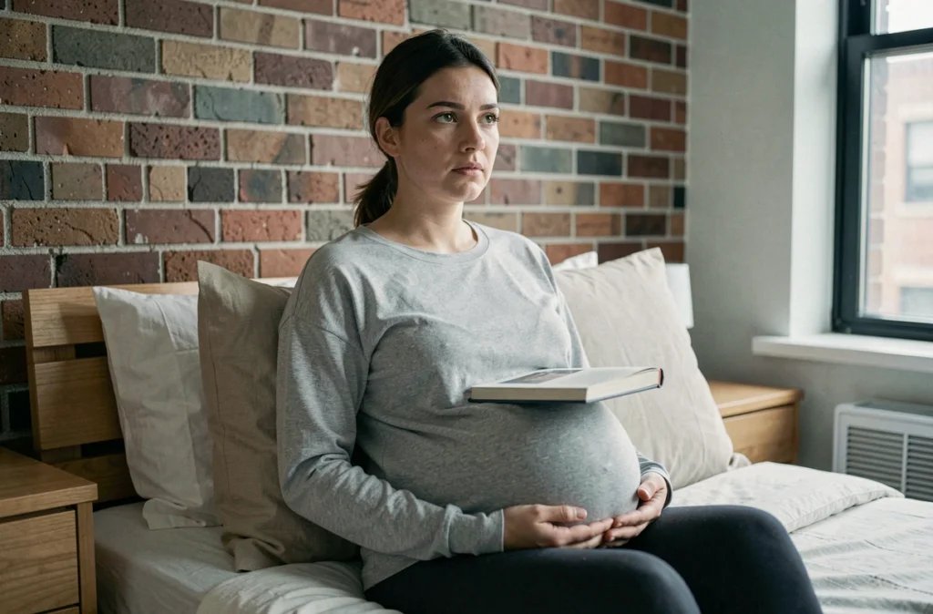 Femme enceinte fatiguée assise dans son lit avec un livre, illustrant les troubles du sommeil pendant la grossesse