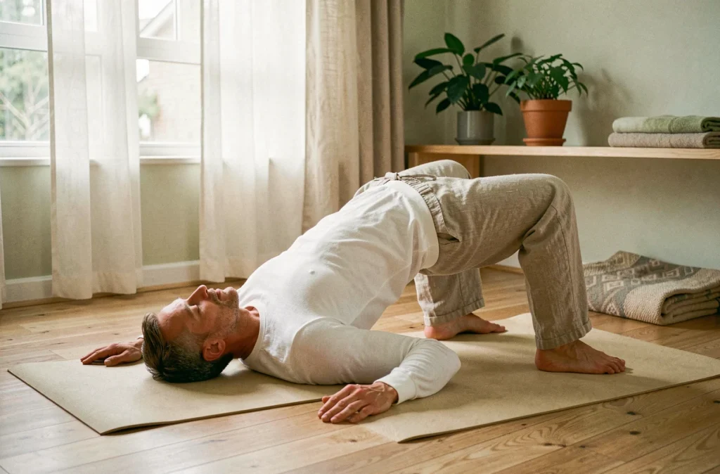 Homme pratiquant des étirements de yoga doux à domicile pour soulager les douleurs pelviennes liées à la névralgie pudendale