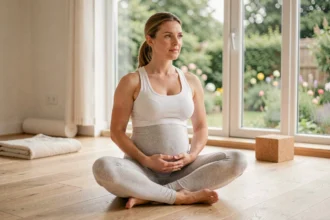 Femme enceinte pratiquant le yoga prénatal en studio, assise en posture papillon sur un tapis de yoga, les mains posées sur le ventre