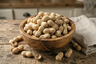 Un bol en bois rempli de cacahuètes non décortiquées posé sur un comptoir de cuisine rustique en chêne avec des coques éparpillées