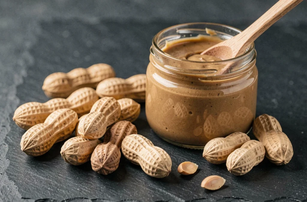 Gros plan de cacahuètes grillées décortiquées sur une ardoise sombre avec un pot de beurre de cacahuète naturel et une cuillère en bois